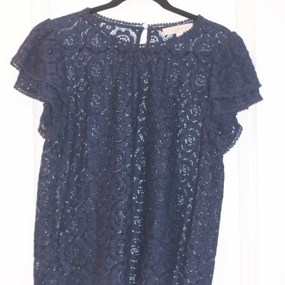 LOFT Navy Lace Flutter Sleeve Blouse – Size L